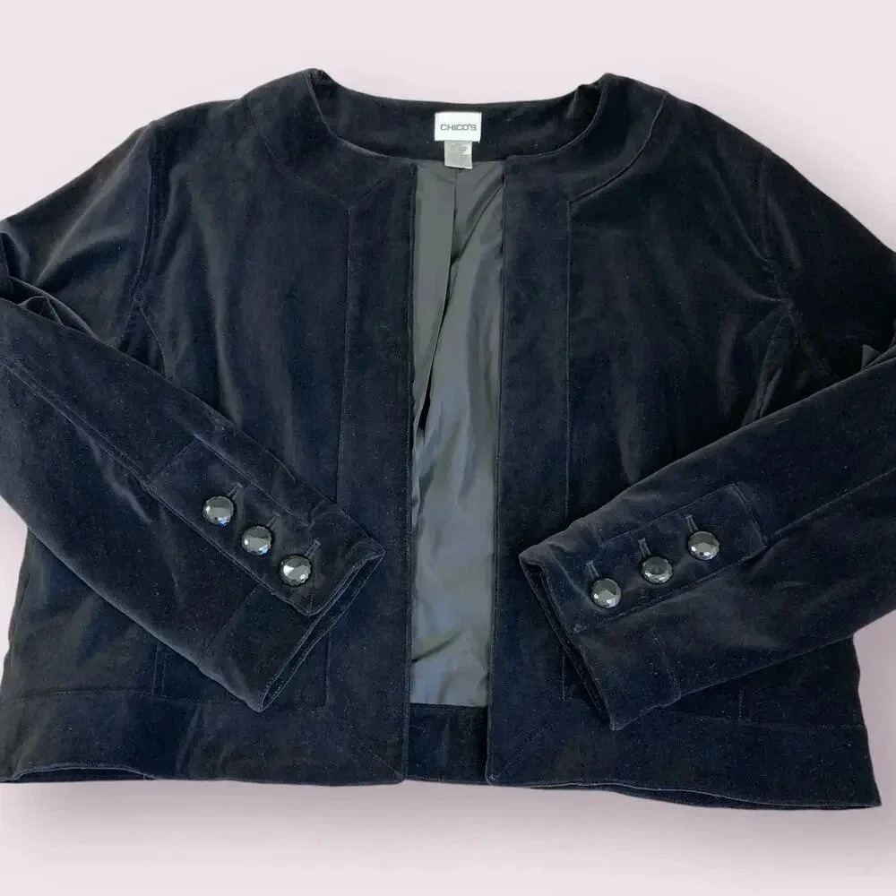 Chico's Vintage Casual Velvet Cropped Open Blazer Jacket Lined Size XL/16 Black - Picture 4 of 16